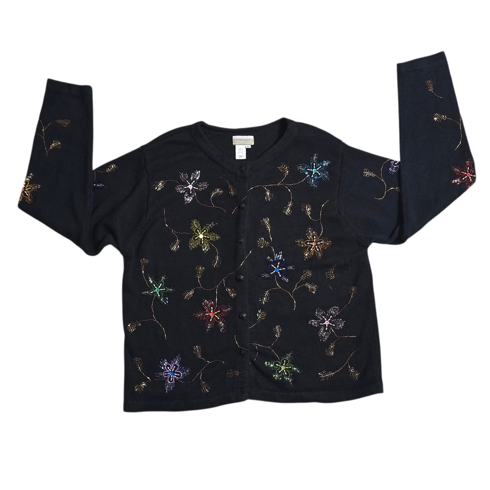 Coldwater Creek Black Floral Beaded Embellished Button Sweater Cardigan Art XL
